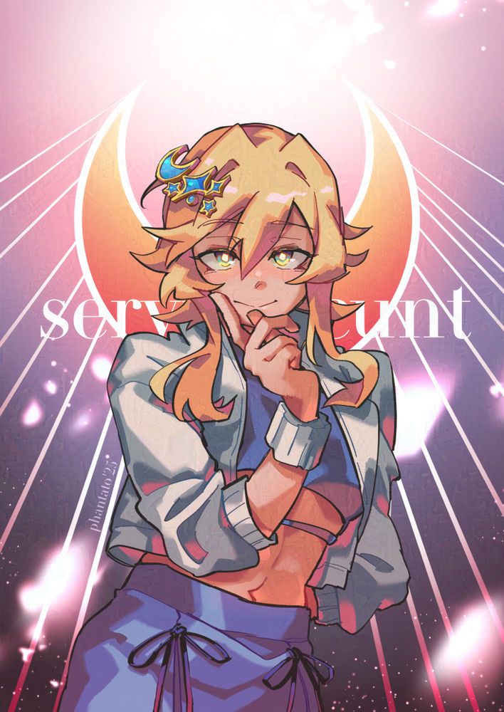 Lumine from Genshin Impact in a modern outfit, matching Amber's composition, the background is of simple lines resembling a crescent but with red colour