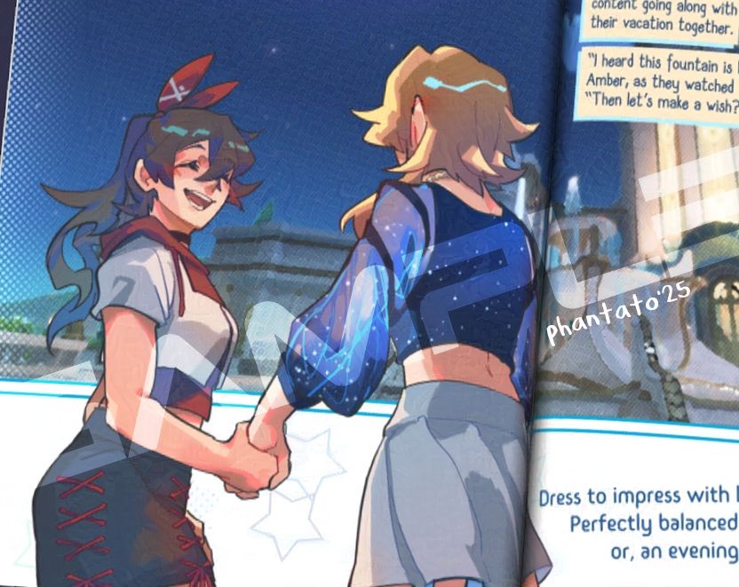 preview of a zine page. Lumine and Amber are on a date in Fontaine holding hands, Amber smiling really brightly.