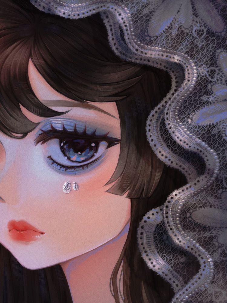 Digital art of half a woman's face. Dark hair and blue eyes with blue eyeshadow, she has tear-drop shaped diamonds underneath her eyes. She wear a white lace veil.
