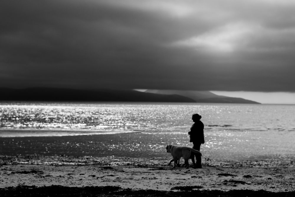 Isle of Arran viewed from Ardlamont Cowal Peninsula. A woman and a Labrador walk along the beach near the swash silhouetted against the sun and glittering sea but heavy dark mass of cloud cover over Arran