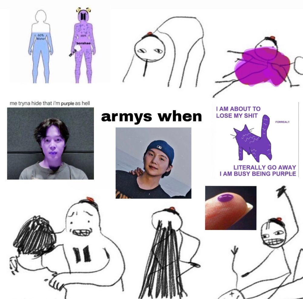 a photo collage of various screaming crying memes but the person is an army bomb, jimin edited to be purple faced saying me tryna hide that im purple as hell , a finger with a pinprick spot of purple, all around a photo of yoongi
