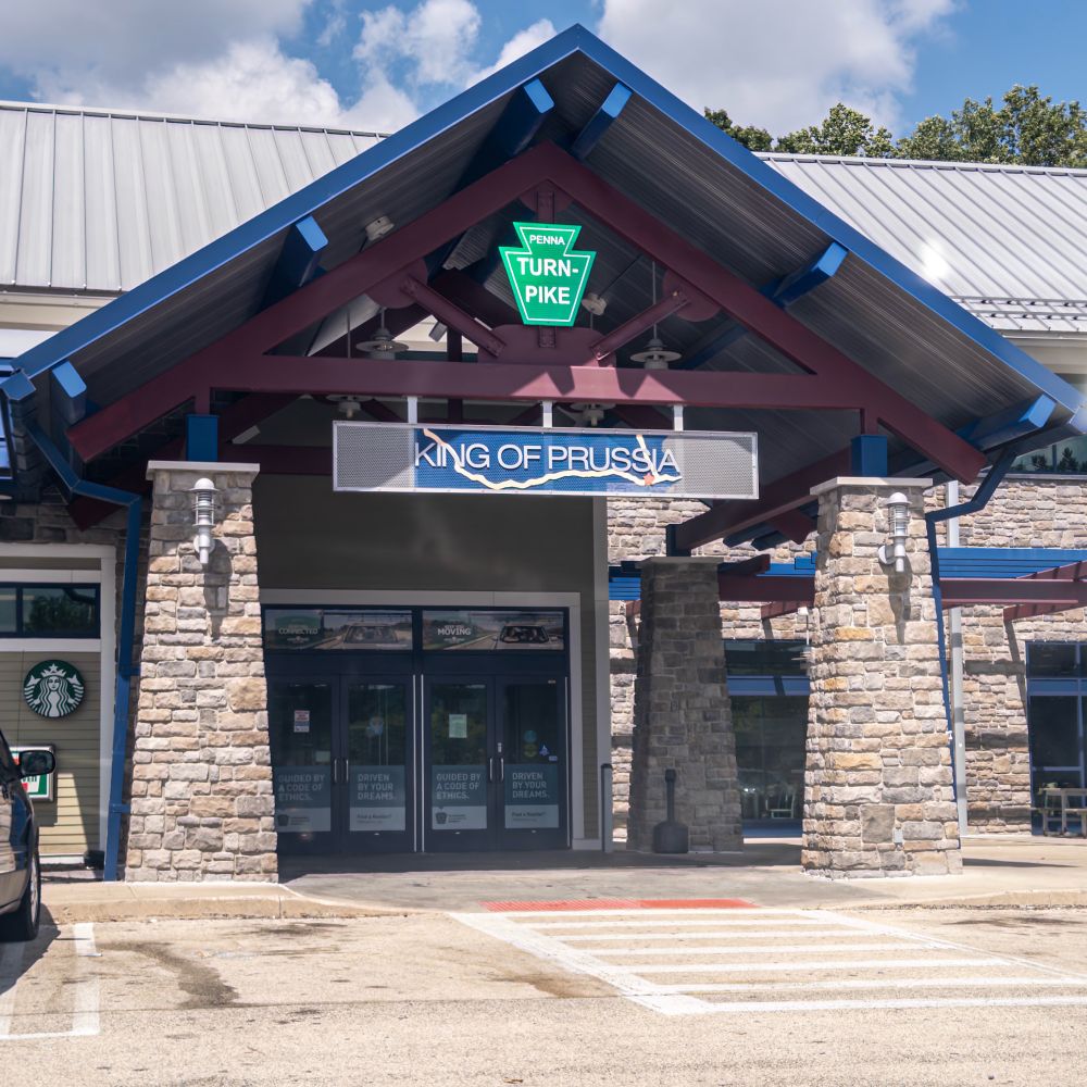The doors and awning to the King of Prussia rest stop on the Pennsylvania turnpike