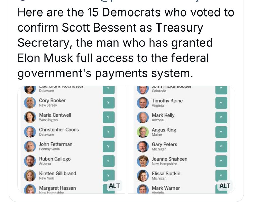 A list of traitorous democrats who voted to confirm Scott Bessent as Treasury Secretary. 