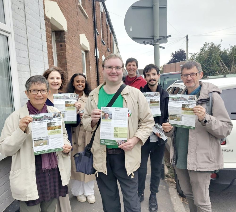 Lead Green campaigner Andy Cooper (centre) with six other Green Party members on a street in St Thomas.