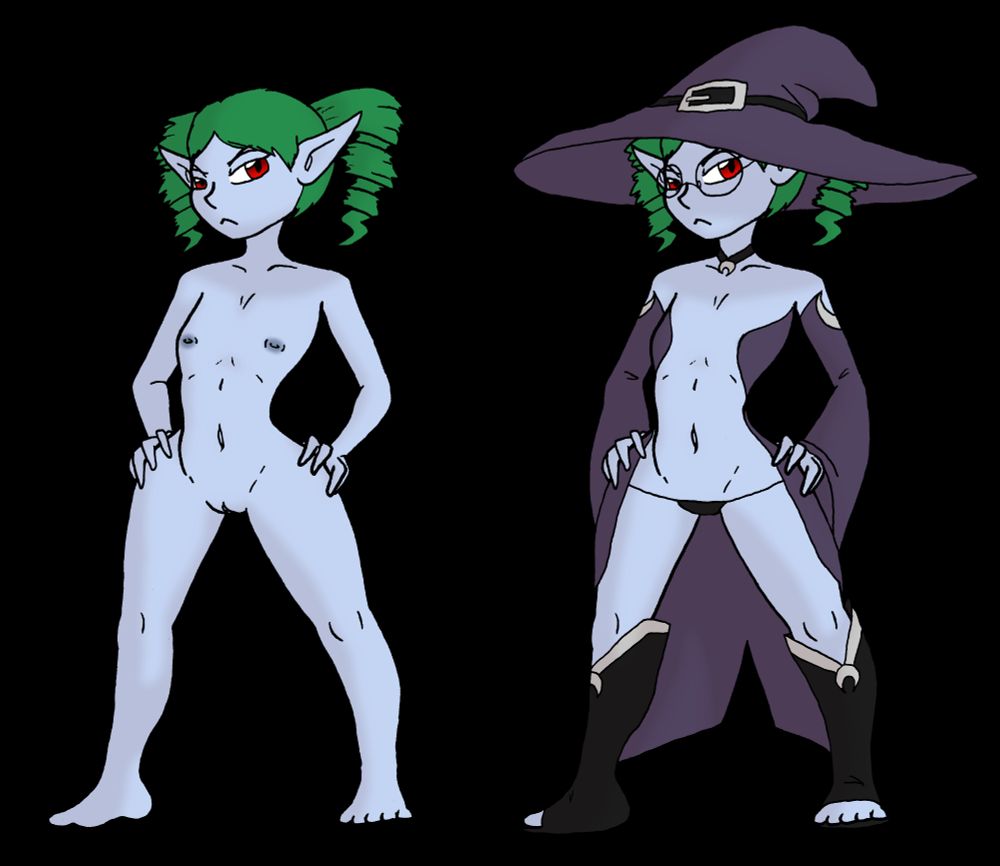 A red-eyed and green-haired elven woman with a petite figure. Her hair is caught in a drill-like hairdo. On the left she's shown nude, while on the right she is wearing a rather revealing purple outfit with a massive wizard hat and round glasses to match. Art is by @firespark.bsky.social
