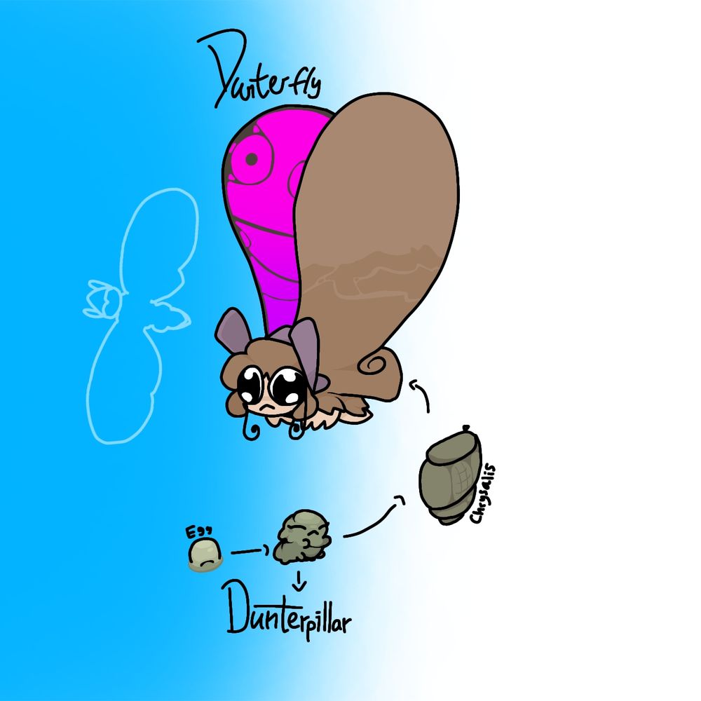 Dunterpillar - Dunterfly

Taking throughout the insectoids and the way of metamorphosis.
Hm, did you expected something more natural ?
Nah, i mean, look at this one ! This one is a male Dunterfly !