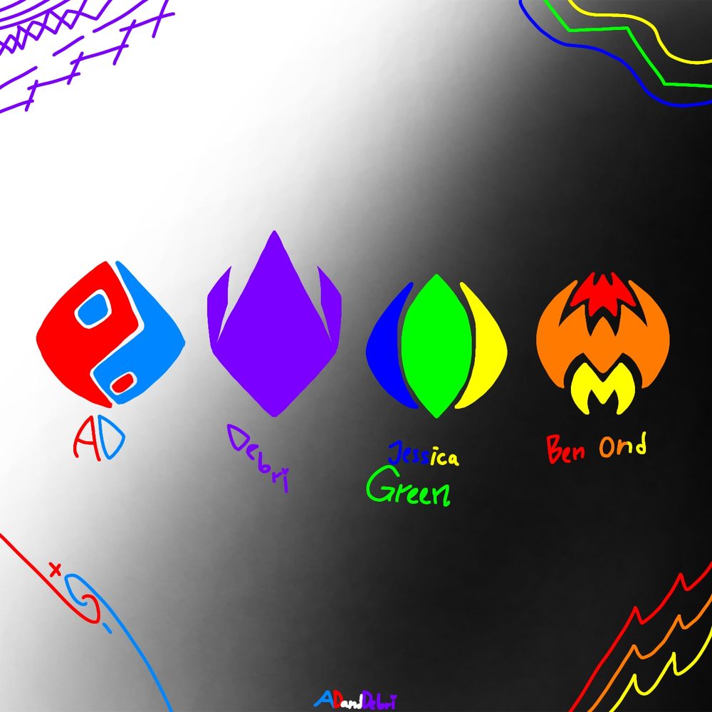 AD = Blu and Red YinYang.
Relies on moods, happiness in red and calmness in blue. Red is more onto his rights while blue is more onto his decisions that they also right.

Debri = Purple DragonHead.
The purple is both her favorite colour and a combination of AD's colours. The dragon head-like icon ressembles tough in battles, just like her.

Jessica Green = Eye of Blue, Yellow and Green.
Means process on combination, since she's Debri's rivalry(and also close-friends) and a friend of AD, processing both which gives her have to make fair and square between the two just combination of blue(AD) and yellow(Debri). The eye icon it's all about her perseverence.

Ben Ond = Fire.
Nothing else besides his power to control and create hellfires. If you want me to add something else about him, the answer is more likely about his characteristic for being good at making friends despite how hard they were. Also, very tough guy.