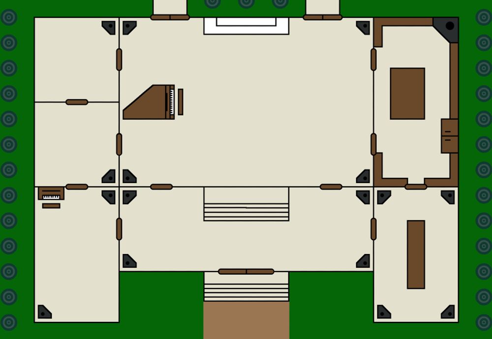 1st floor of manor house. Big entry way, dining room, kitchen, parlors, a study, and a big ball room.