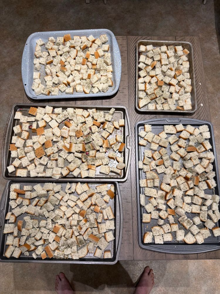 5 pans of cubed bread tossed in poultry seasoning. 