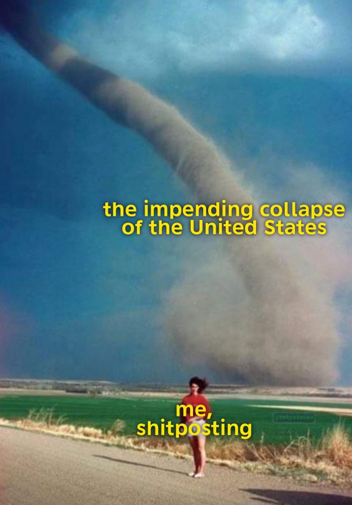 A tornado in the background, labeled “the impending collapse of the United States”

A woman in the front, labeled “me, shitposting”