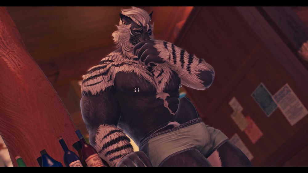 Pre Dawntrail Darius wearing HR2? 3? Cant remember. Shirtless in the with a custom fur pattern. Covering his mouth as he has a very obvious erection