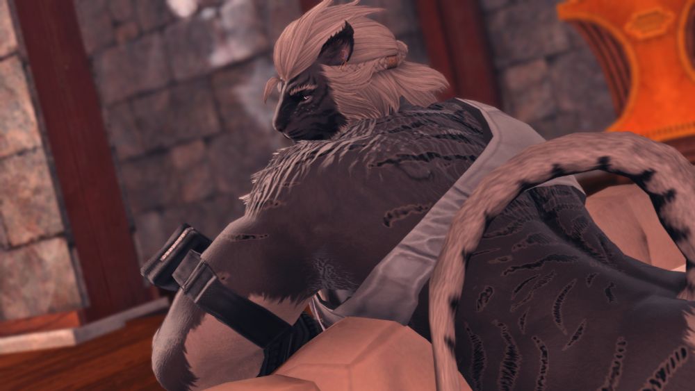 Pre Dawntrail Darius wearing HR2? 3? Cant remember. Looking over his shoulder with an old Alt Fur pattern giving a suggestive gaze.