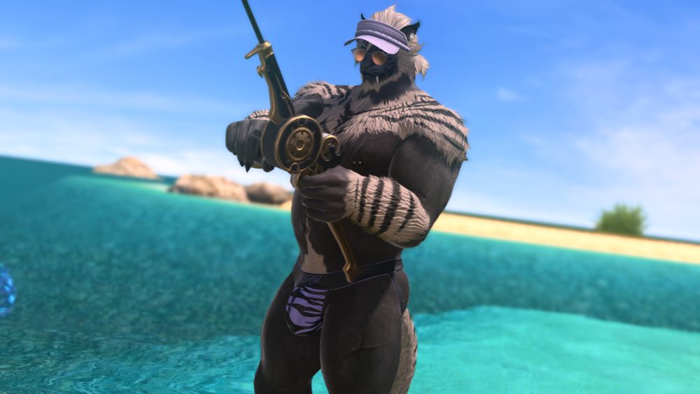 Pre Dawntrail Darius wearing HR2? 3? Cant remember. Looking at the camera wearing a tiger striped purple jockstrap. 