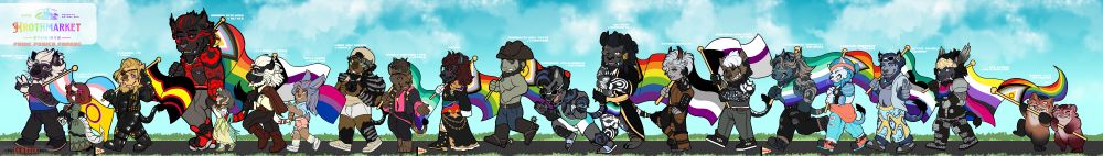 Hrothmarket Pride Parade Post, featuring many hrothgars, vieras, roegadyns and wudwuds...? Holding many flags of sexualities, genders and identities.