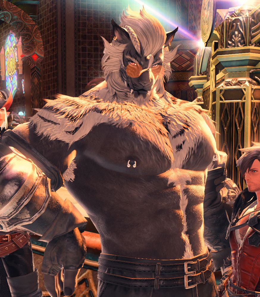 Pre Dawntrail Darius wearing HR2? 3? Cant remember. Shirtless in the Golden Saucer with a custom fur pattern. Wearing orange Vash glasses while looking to [his] right.