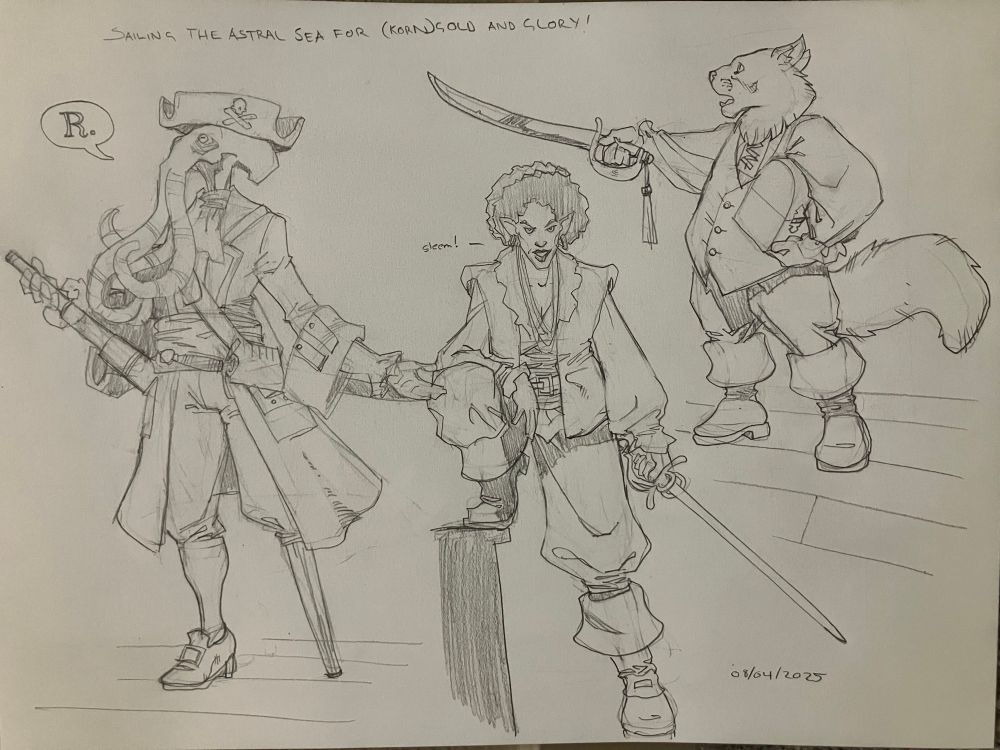 Three D&D types in anachronistically 18th century clothing; an illithid with a peg leg and spyglass, a half elf with a rapier and a tabaxi with a cutlass.
