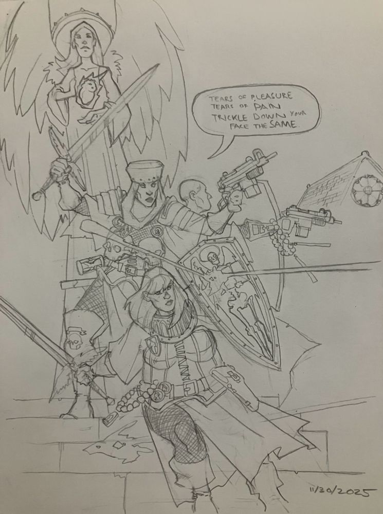 3 beleaguered Space Nuns with shields, swords and Space Guns, defending the base of a religious statue and a staircase.