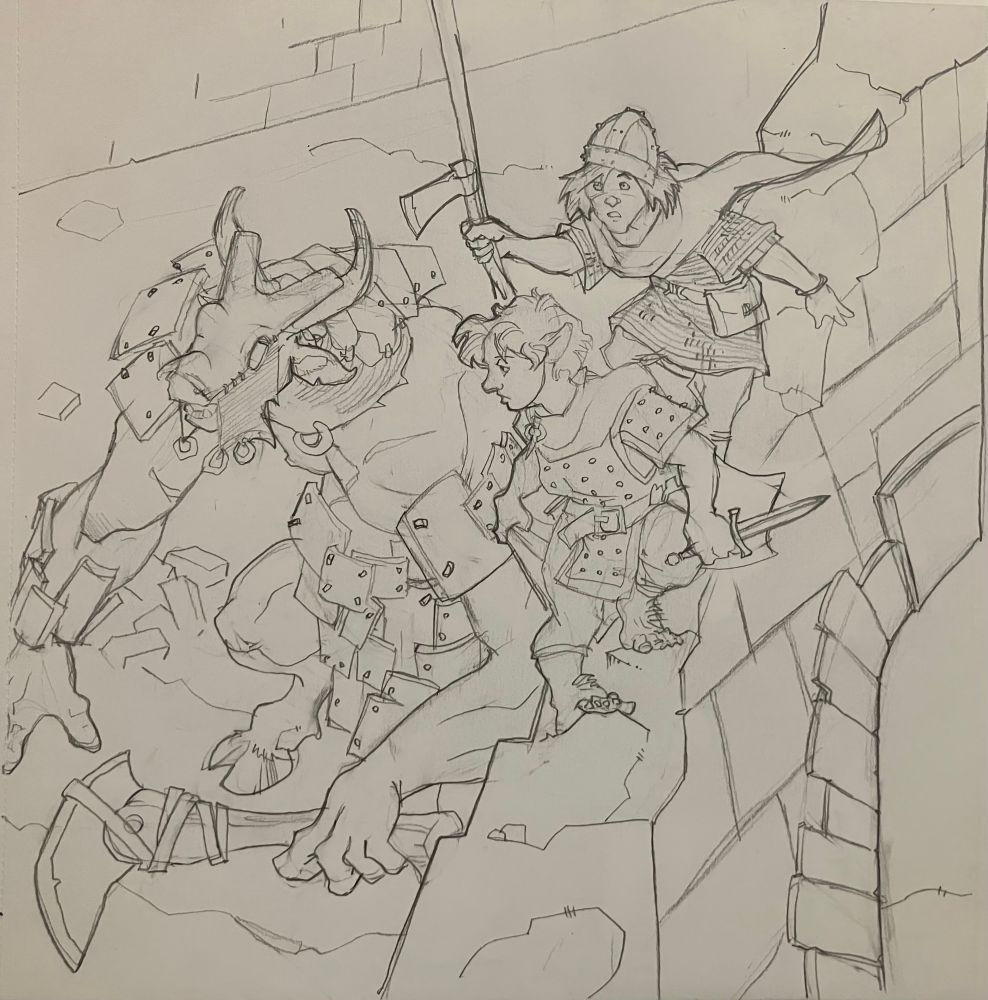 Two halflings - a rogue or scout and a heavily armored fighter - make their way across a ruined gate. So far the immense minotaur below hasn’t noticed them, but will their luck last?