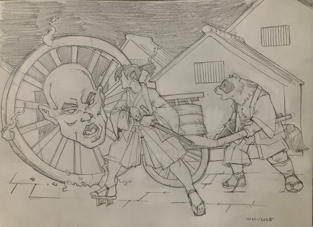 Late in a summer night, a tanuki vendor with his wheelbarrow full of snacks, and his bodyguard, are returning from a festival when suddenly they’re confronted by a horrible rolling giant head, a wanyudo!