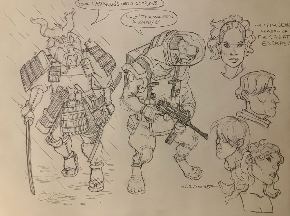 Characters - a dragonborn samurai and a space suited gnoll - and some portraits. Was listening to a lot of Elmer Bernstein soundtracks.