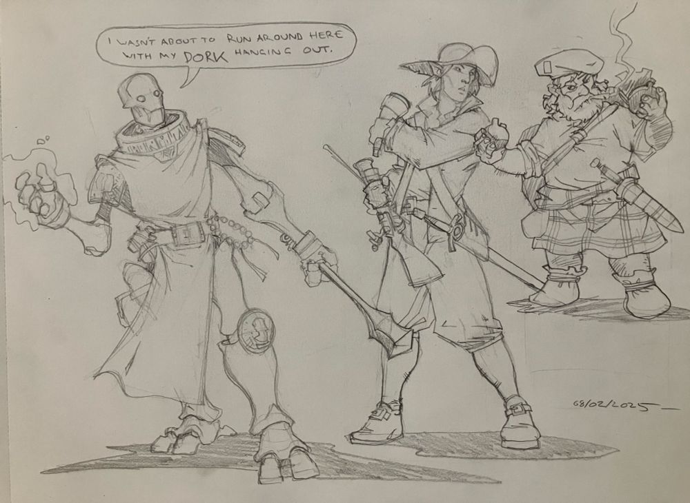 Three more unarmored fantasy characters; a warforged cleric, half elf ranger with blunderbuss, and a dwarf grenadier/petardist