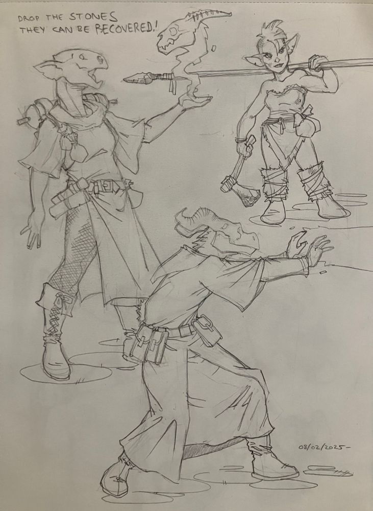 Three unarmored fantasy types; two dragonborn spellcasters and a gnome barbarian.
