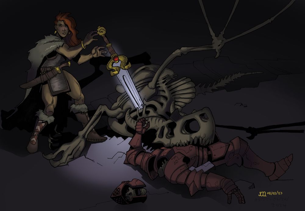 Somewhere in the gloomy underworld, a barbarian finds the remnants of some long-past battle, a skeletonized dragon with jaws still locked around the fallen knight whose magical sword went through its heart. And hey, free sword!