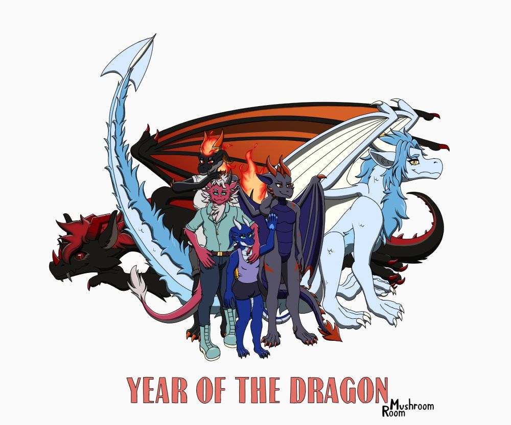Multiple dragons posed together