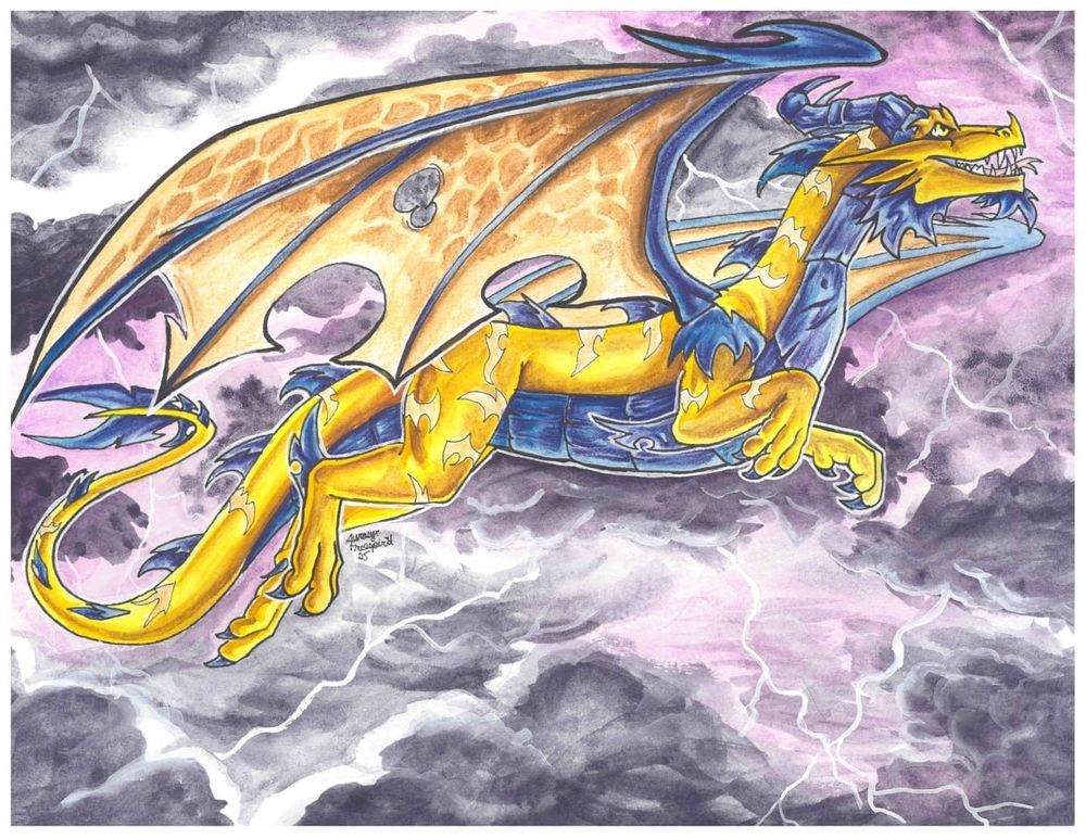 A watercolour painting of Volteer from the Legend of Spyro series. He's a yellow dragon with denim blue accents, and faint tan lightning markings along his body. He's depicted mid-flight, in a purple hued lightning storm. There's no ground visible. 
