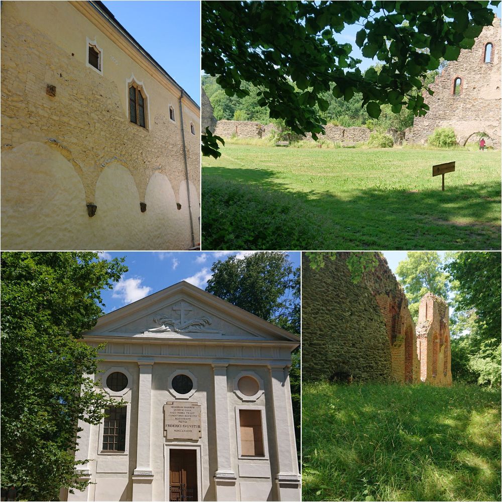 Collage aus vier Farbfotos des Klosters Altzella. Eine Außenwände mit einem Meißner Vorhangfenster. Ruinen des Schüttgebäudes. Das Mausoleum, eine klassizistische Fassade. Eine Ruinenwand aus Ziegeln. 