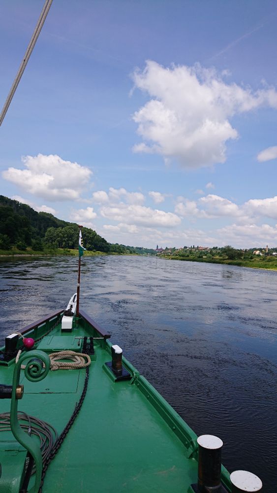 Farbfoto. Wir schauen über den Bug eines Schiffes entlang eines Flusses. Rechts und links grünes Ufer, mittig am Horizont eine Burg und Kirchtürme. 