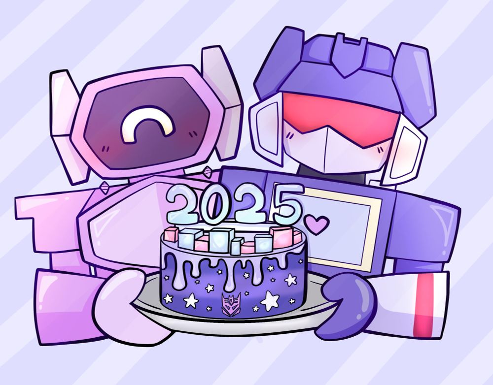 Wavewave wishes everyone a happy new year! G1 Soundwave and Shockwave are giving you a indigo cake topped with purple icing, white stars, a deception logo, a 2025 sign, and energon (blue and pink). I hope you enjoy :)