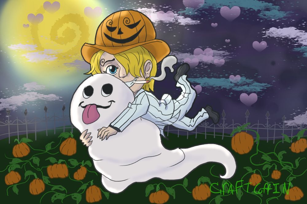 cute halloween illustration of Chibi halloween Sanji in his white ghost suit. He's riding a ghost over a pumpkin patch at night with the moon bright in the sky