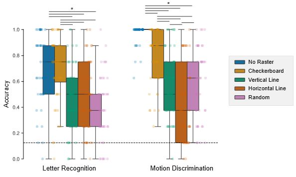Boxplots showing task accuracy for two experimental tasks—Letter Recognition and Motion Discrimination—grouped by five raster patterns: No Raster (blue), Checkerboard (orange), Vertical (green), Horizontal (brown), and Random (pink). Each colored boxplot shows the median, interquartile range, and individual participant data points.

In both tasks, Checkerboard and No Raster yield the highest median accuracy.

Horizontal and Random patterns perform the worst, with more variability and lower scores.

Significant pairwise differences (p < .05) are indicated by horizontal bars above the plots, showing that Checkerboard significantly outperforms Random and Horizontal in both tasks.

A dashed line at 0.125 marks chance-level performance (1 out of 8).

These results suggest Checkerboard rastering improves perceptual performance compared to conventional or unstructured patterns.