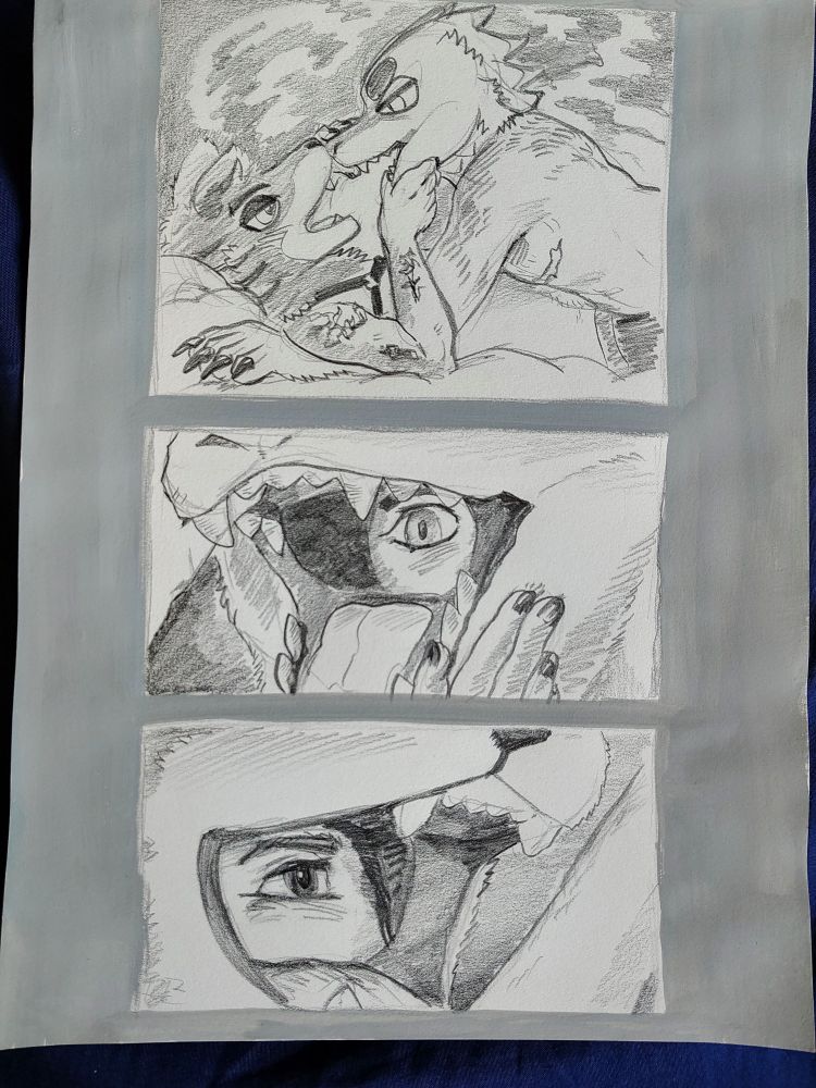 A three panel comic of two transmasculine fursuiters being intimate in bed. The bottom is wearing a Thylacine fursuit head, and the top is wearing a crocodilian head and paws. The Thylacine is opening up the mouth of his lover's fursuit to see his human eye, which looks at him in surprise and infatuation. The Thylacine looks back through his own suit's mouth with a smiling eye.