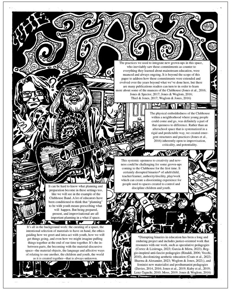 A hand-drawn, borderline psychedelic illustration of the study's coathors, alongside dialog boxes that can be read in the link provided. 
