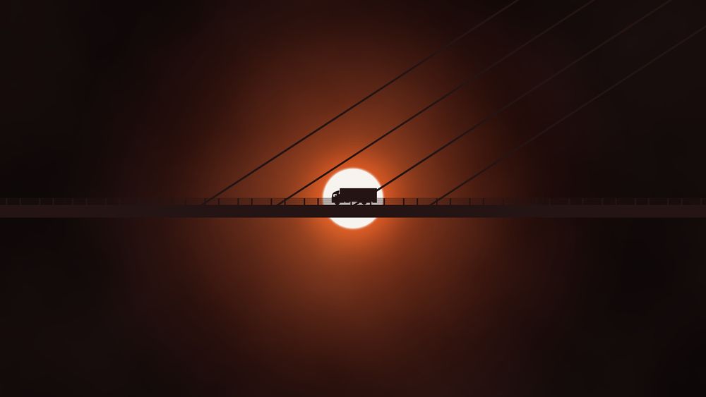 A simple, high-contrast image showing the dark silhouette of a truck driving across a long, straight bridge. Directly behind the truck is a very large, glowing sun, which creates a deep red and orange sky, like at sunrise or sunset.