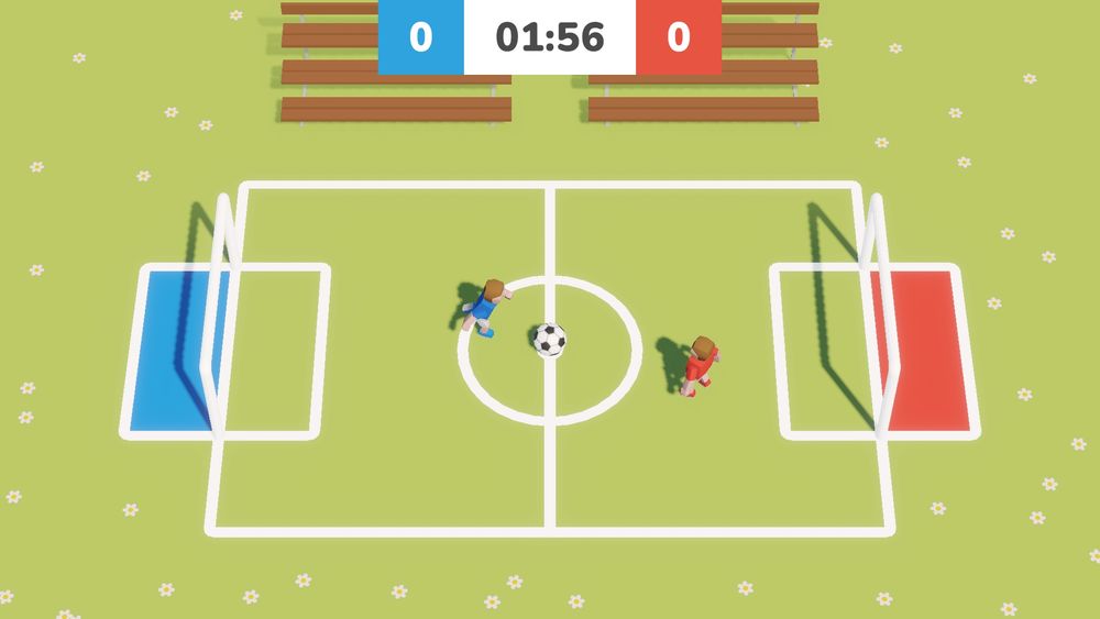 Screenshot of a 3d soccer game. Stylized look, blue player running for the ball, red player waiting 