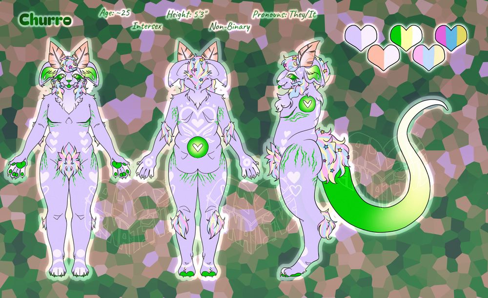 A reference sheet for a furry character named "Churro" who is an irradiated cat like creature with a long rat tail. All of their fleshy bits are a radioactive green that fades into a glowing white, while its fur is a pastel purple with almost white markings, which are primarily heart shaped. Its hair is a mix of pastel yellow, blue and pink, with stars in the same colours by more vibrant.

Text is as follows;
"Churro", "Age: approximately 25", "Intersex", "Height: 5 foot 3 inches", "Non-Binary", and "Pronouns: They/ It"