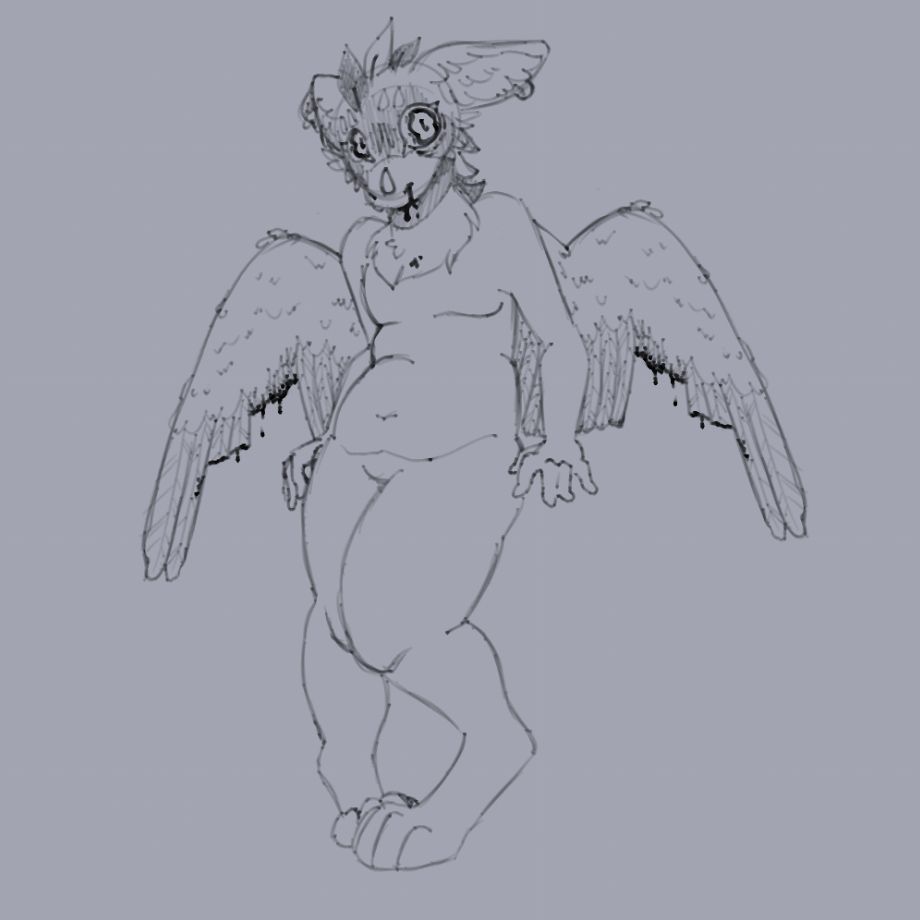 Work in progress sketch of a furry character named "Peppermint" who has a bloody nose and her wings clipped. Their expression is filled with fear, and she's standing in a way that implies that she's been cornered.