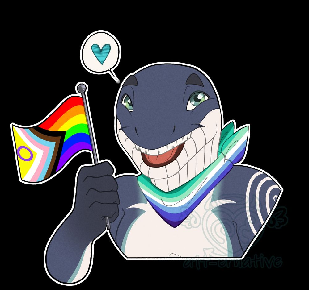 Art of a whale persona, named "Dizzy", smiling widely. He is wearing a gay pride (MLM) flag bandana around his neck and holding a miniature all inclusive pride flag in his hand. The image is transparent, with the character outlined in white.