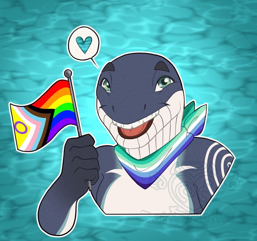 Art of a whale persona, named "Dizzy", smiling widely. He is wearing a gay pride (MLM) flag bandana around his neck and holding a miniature all inclusive pride flag in his hand. There is a basic water styled background in an aqua blue hue.