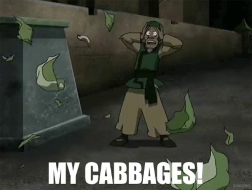 a cartoon of a man holding his head with the words my cabbages written above him