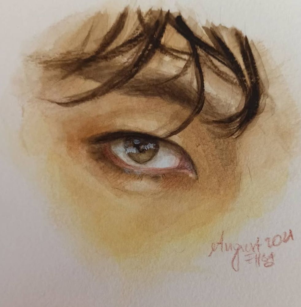 watercolour painting of taehyung's of bts eye painted in warm oranges and yellows 