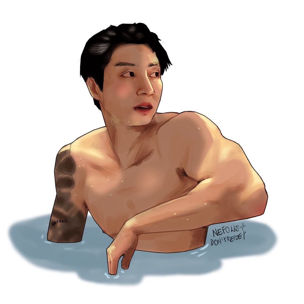 Desenho digital colorido de Jungkook do BTS dentro da água, com cabelos molhados e olhando para sua esquerda. 