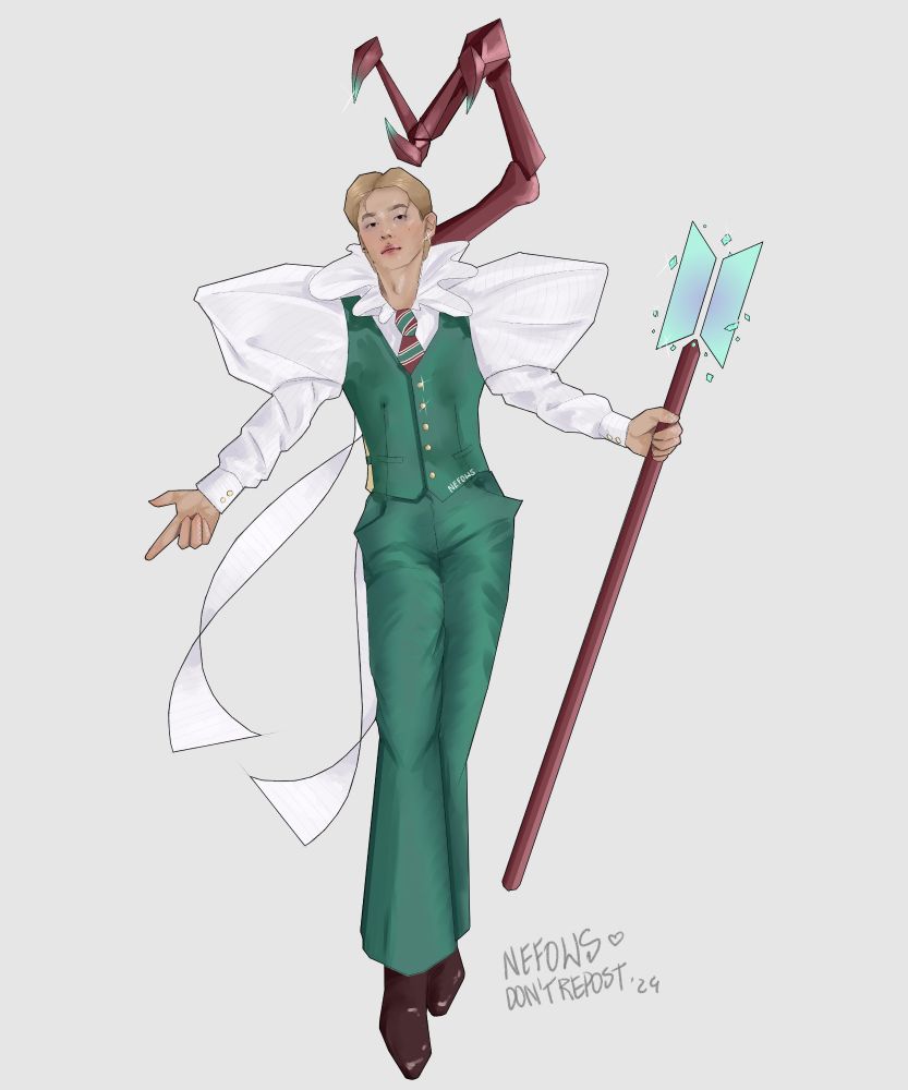 Digital art of BTS Taehyung. Concept art of a custom skin for Viktor, from League Of Legends/Arcane. Based on Taehyung's dynamite outfit