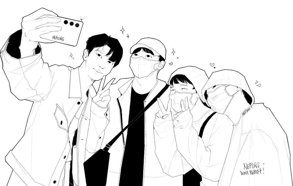 Digital line drawing of the members of the group BTS: Jin, Jungkook, Jimin and Yoongi. Taking a picture.