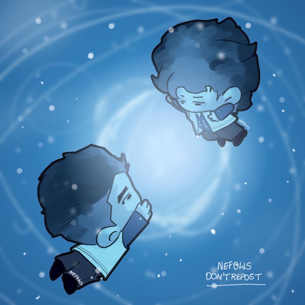 digital art on chibi based on a arcane scene, of jayce and viktor playing with the hextec, floating in the air