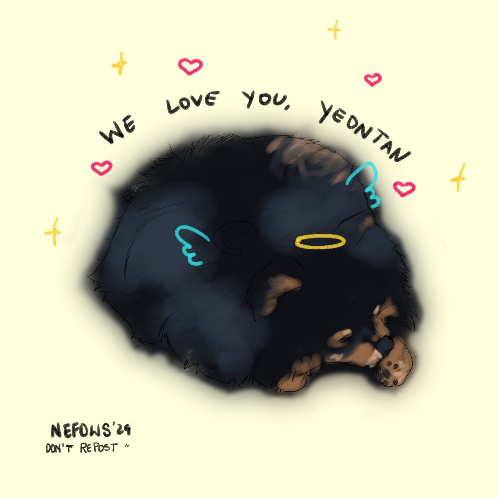 Cute art of BTS' V dog (Yeontan), lying down, with the phrase "we love you, yeontan" above him