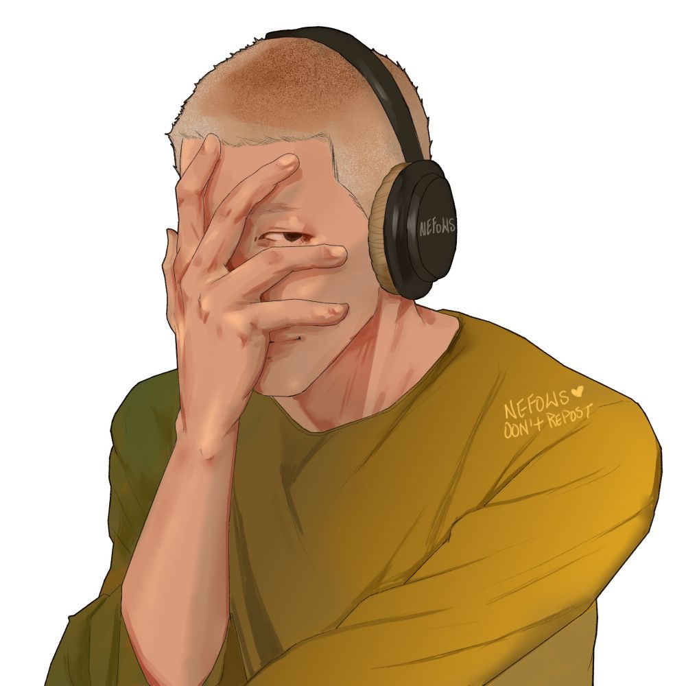 Digital art of BTS' RM with a blond buzzcut, yellow sweater, a dark headphone and his right hand covering a part of his face